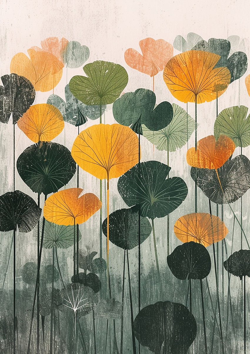Lively artwork of vibrant floral motifs with green and orange leaves against a textured background.